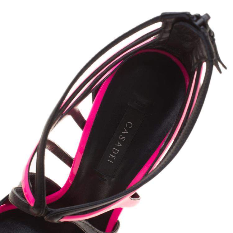 Pre Owned Casadei Fuchsia Pink and Black Leather Cutout Sandals Size 39