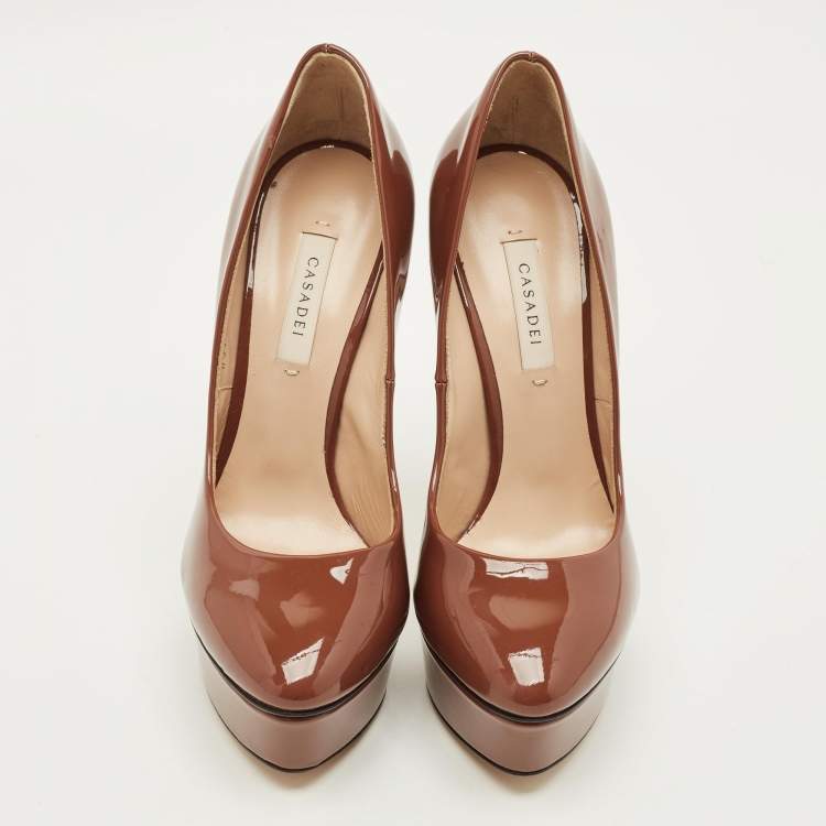 Pre Owned Casadei Size 38 Brown Patent Leather Platform Pumps