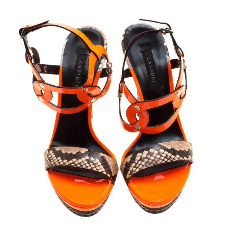 Pre Owned Casadei Orange Patent and Embossed Leather Roccia Platform Ankle Strap Sandals Size 38