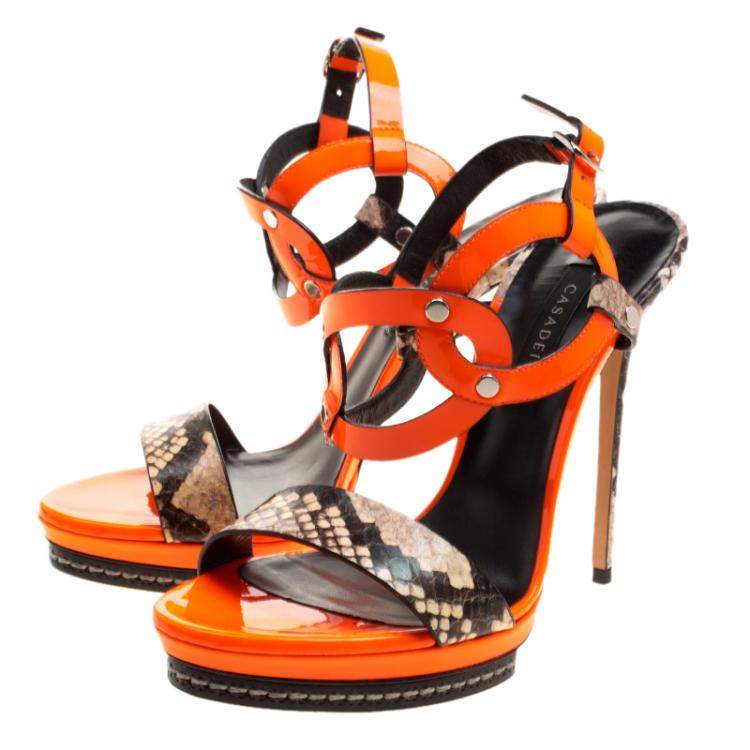 Pre Owned Casadei Orange Patent and Embossed Leather Roccia Platform Ankle Strap Sandals Size 38