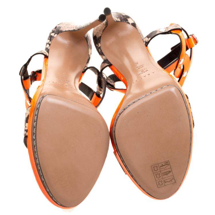 Pre Owned Casadei Orange Patent and Embossed Leather Roccia Platform Ankle Strap Sandals Size 38