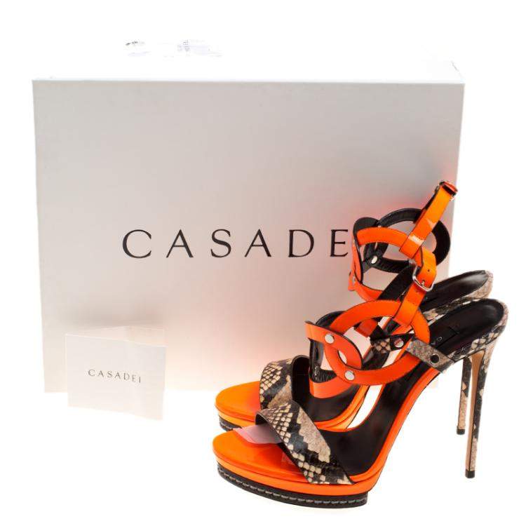 Pre Owned Casadei Orange Patent and Embossed Leather Roccia Platform Ankle Strap Sandals Size 38