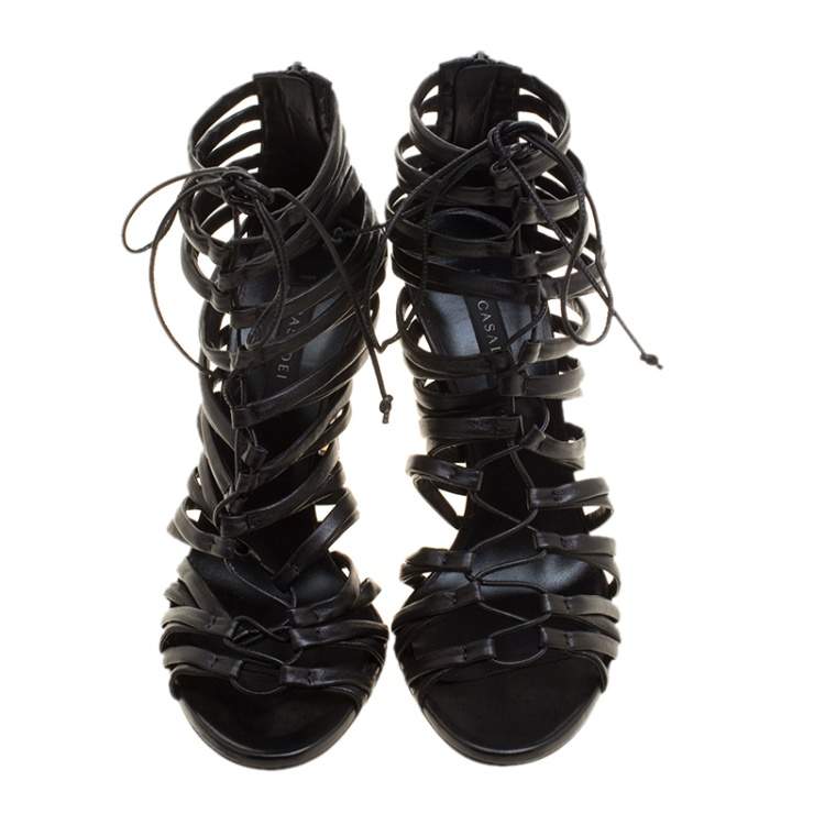 Pre Owned Casadei Black Strappy Leather Lace Up Gladiator Sandals Size 37.5