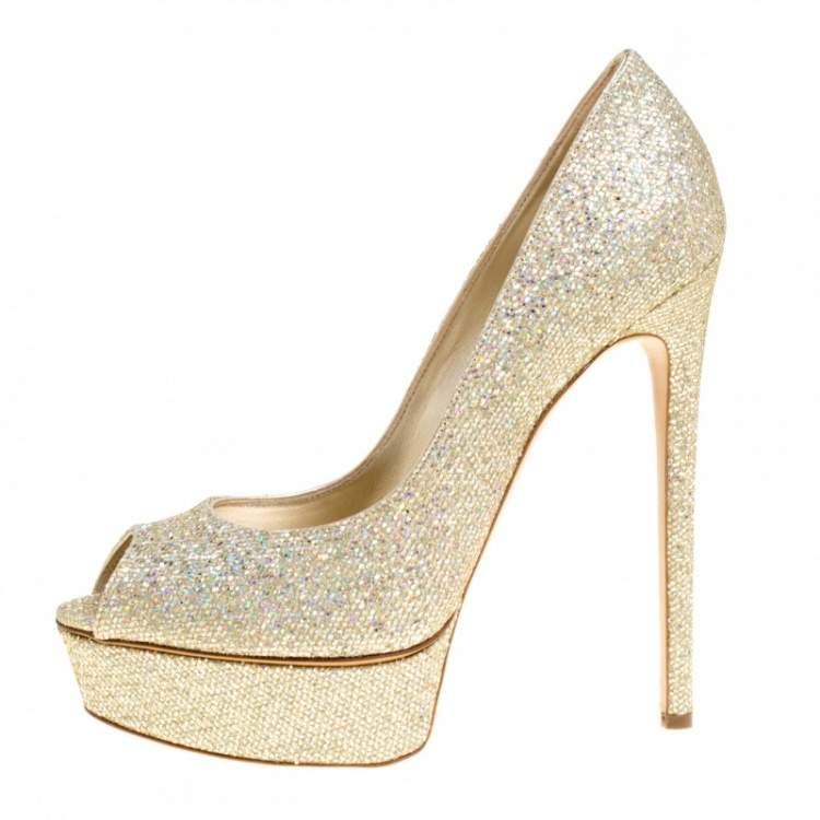 Pre Owned Casadei Glitter Lamé Fabric Daisy Peep Toe Platform Pumps Size 40