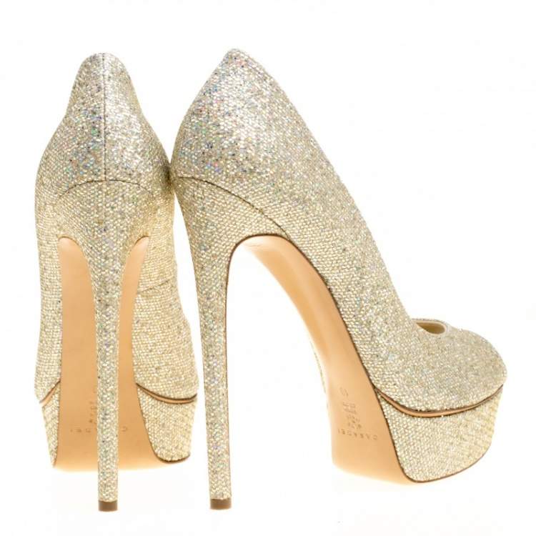 Pre Owned Casadei Glitter Lamé Fabric Daisy Peep Toe Platform Pumps Size 40