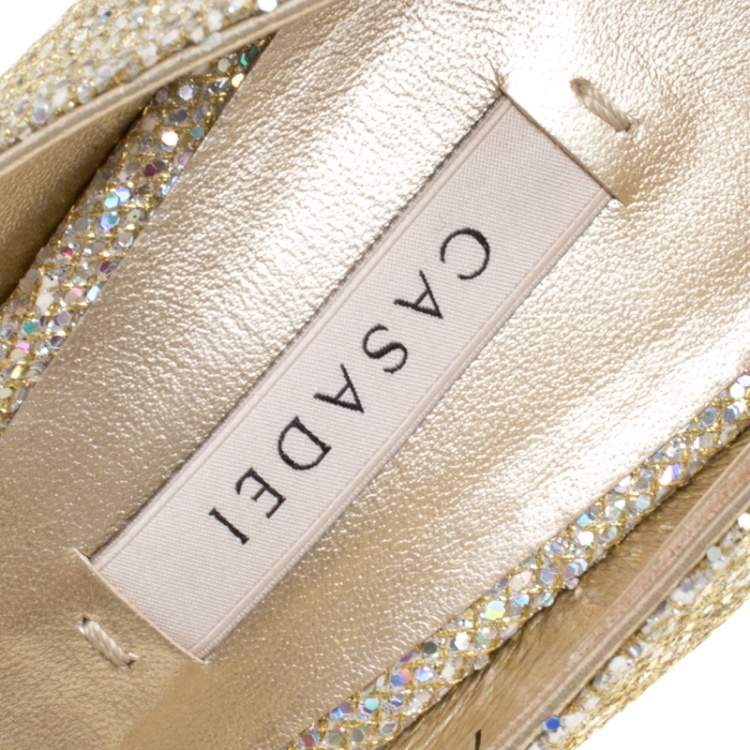 Pre Owned Casadei Glitter Lamé Fabric Daisy Peep Toe Platform Pumps Size 40