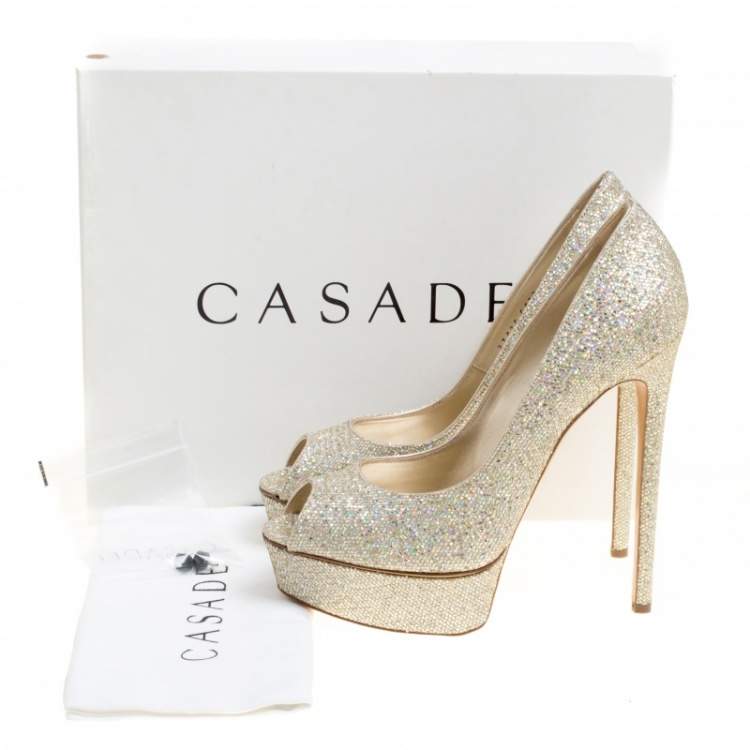 Pre Owned Casadei Glitter Lamé Fabric Daisy Peep Toe Platform Pumps Size 40