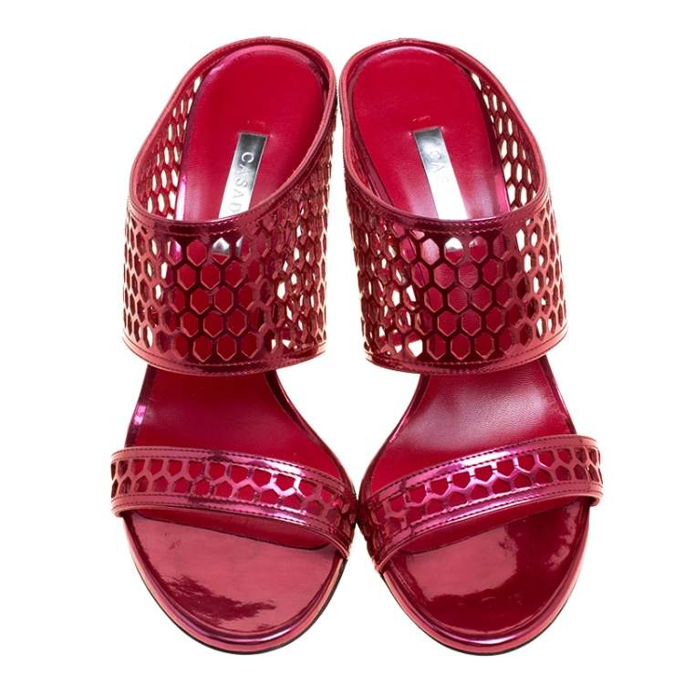 Pre Owned Casadei Metallic Red Leather Candylux Slide Sandals Size 38 