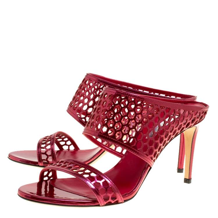 Pre Owned Casadei Metallic Red Leather Candylux Slide Sandals Size 38 