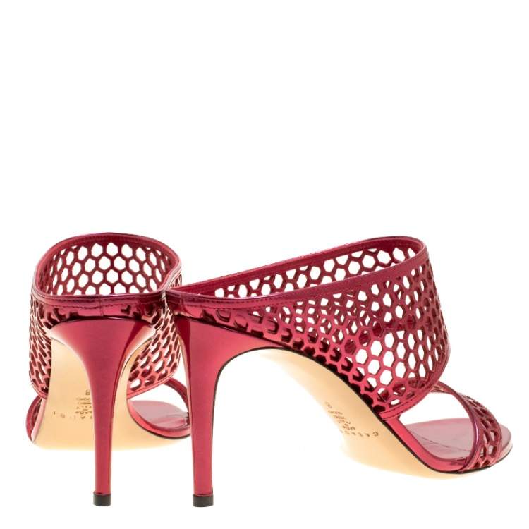 Pre Owned Casadei Metallic Red Leather Candylux Slide Sandals Size 38 