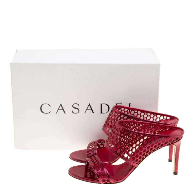 Pre Owned Casadei Metallic Red Leather Candylux Slide Sandals Size 38 