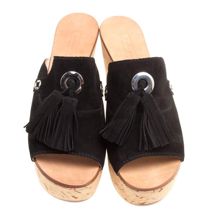 Pre Owned Casadei Black Suede Tassel Peep Toe Cork Platform Wedge Slides Size 40