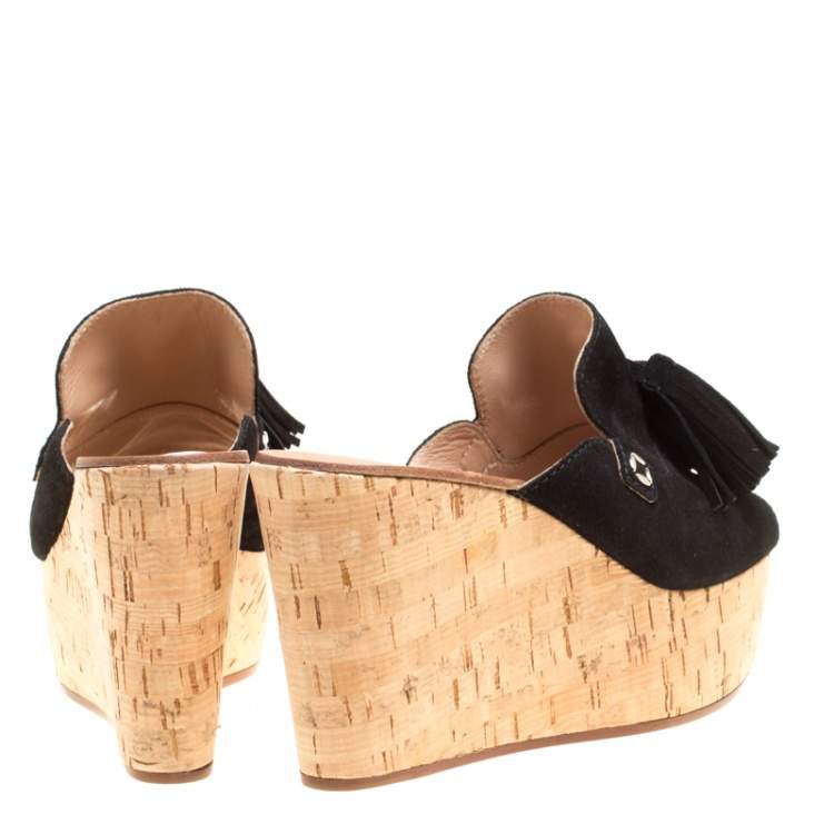 Pre Owned Casadei Black Suede Tassel Peep Toe Cork Platform Wedge Slides Size 40