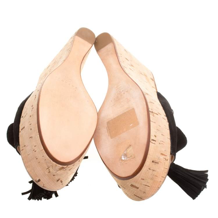 Pre Owned Casadei Black Suede Tassel Peep Toe Cork Platform Wedge Slides Size 40