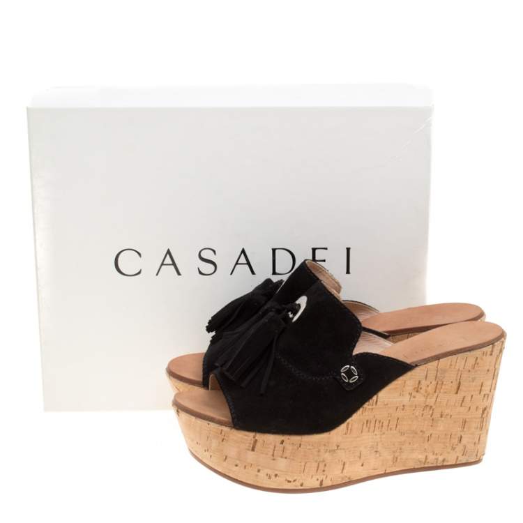Pre Owned Casadei Black Suede Tassel Peep Toe Cork Platform Wedge Slides Size 40