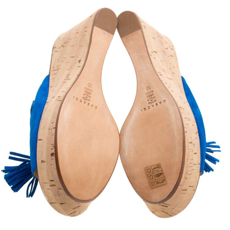 مملوكة مسبقًا Casadei Blue Suede Tassel Peep Toe Cork Platform Wedge Slides Size 40