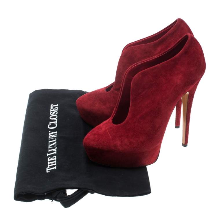Pre Owned Casadei Red Suede Platform Slip On Ankle Booties Size 37
