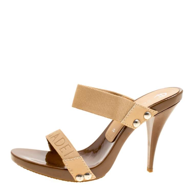 Pre Owned Casadei Beige Cotton Blend Slide Sandals Size 37.5