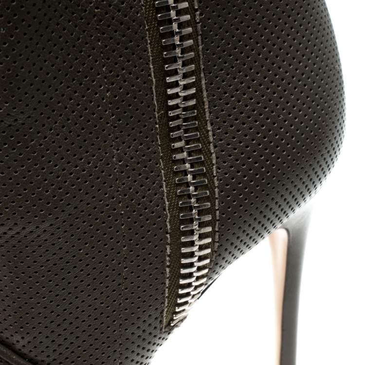 Pre Owned Casadei Olive Green Perforated Leather Double Zipper Peep Toe Ankle Boots Size 38.5