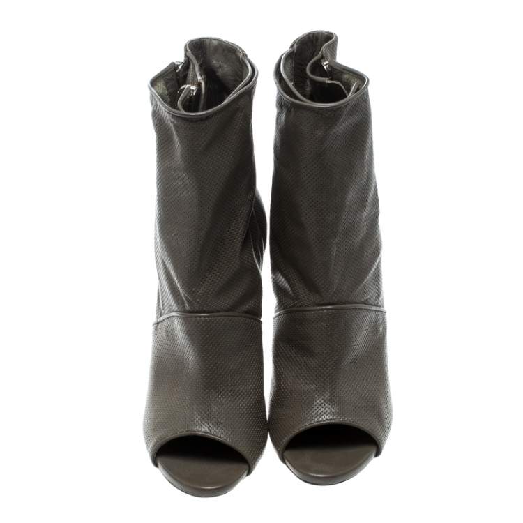 Pre Owned Casadei Olive Green Perforated Leather Double Zipper Peep Toe Ankle Boots Size 38.5
