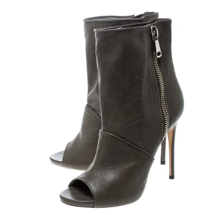 Pre Owned Casadei Olive Green Perforated Leather Double Zipper Peep Toe Ankle Boots Size 38.5