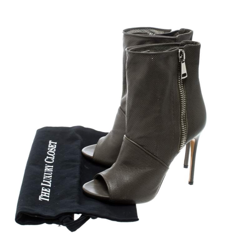 Pre Owned Casadei Olive Green Perforated Leather Double Zipper Peep Toe Ankle Boots Size 38.5