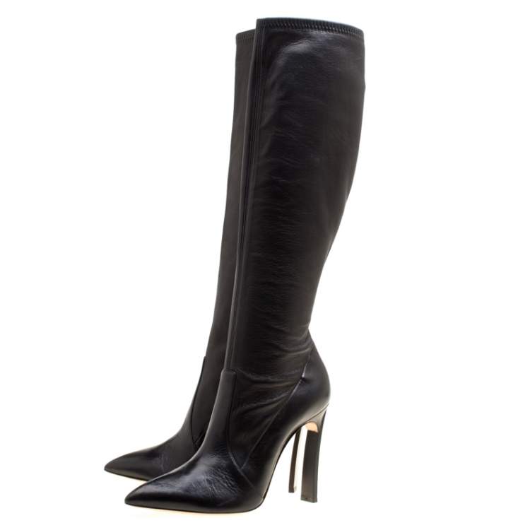 Pre Owned Casadei Black Leather Pointed Toe Knee Length Boots Size 40