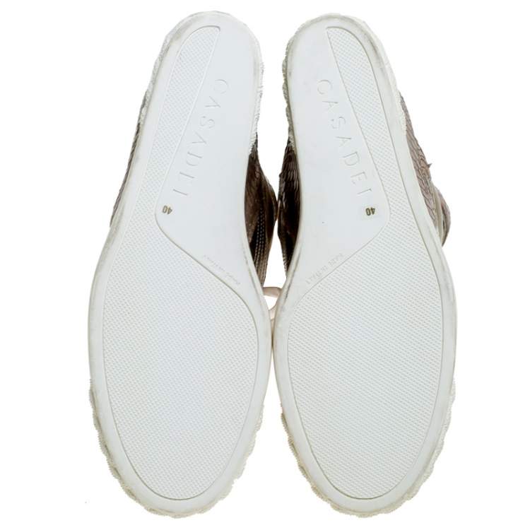 Pre Owned Casadei Beige Leather And Suede Wedge Lace Up Sneakers Size 40