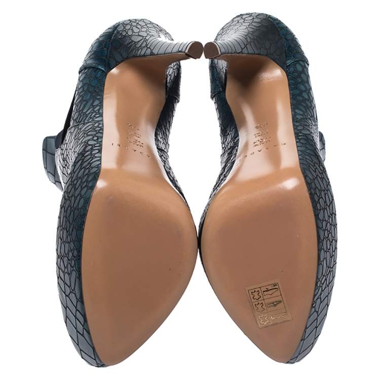 Pre Owned Casadei Green Croc Embossed Leather Platform Booties Size 39.5