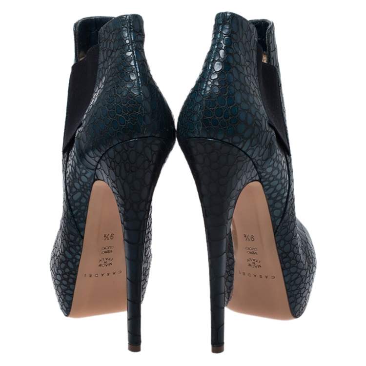 Pre Owned Casadei Green Croc Embossed Leather Platform Booties Size 39.5