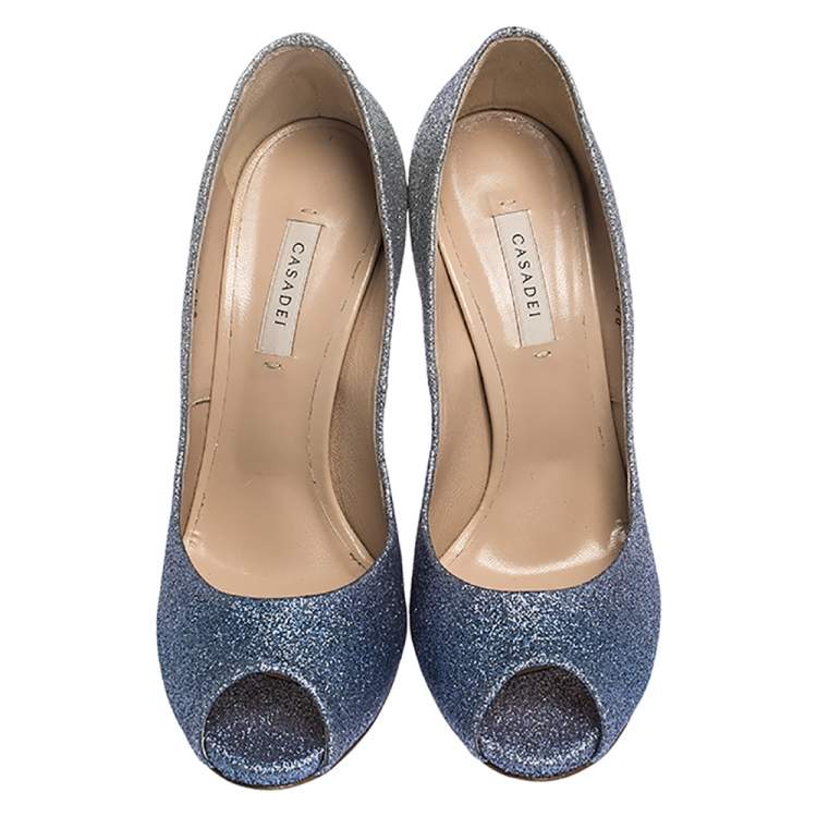 مملوكة مسبقًا Casadei Blue/Grey Glitter Pegasus Peep Toe Pumps Size 40
