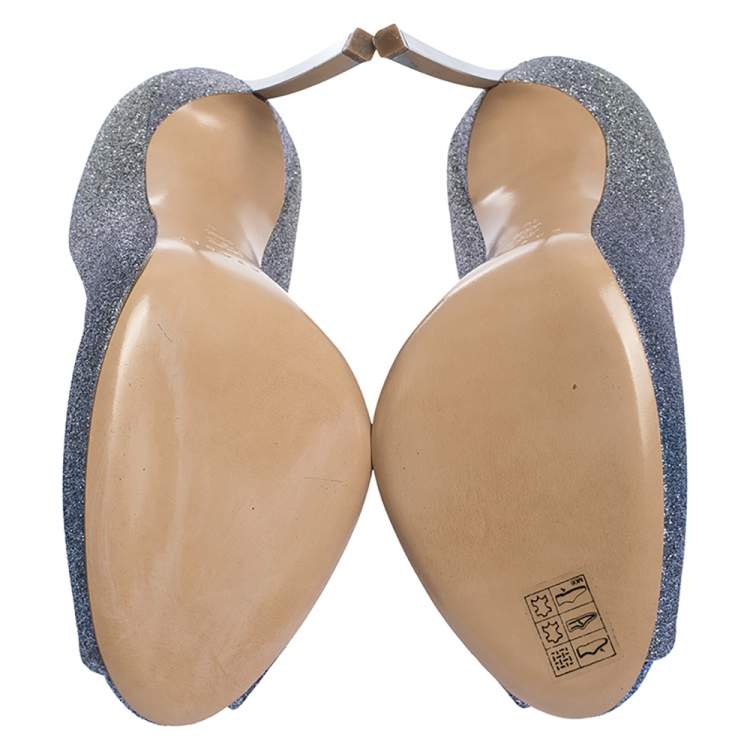 مملوكة مسبقًا Casadei Blue/Grey Glitter Pegasus Peep Toe Pumps Size 40