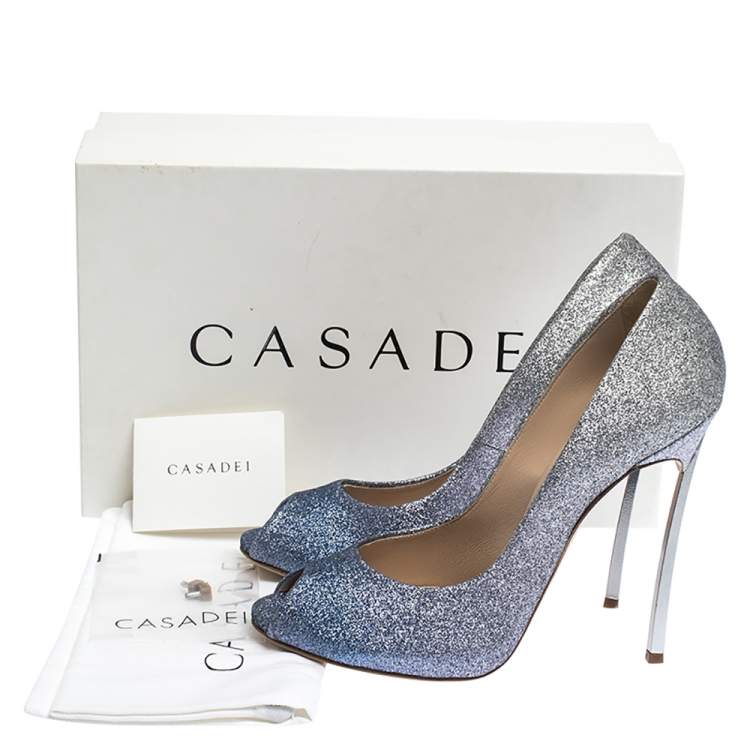مملوكة مسبقًا Casadei Blue/Grey Glitter Pegasus Peep Toe Pumps Size 40