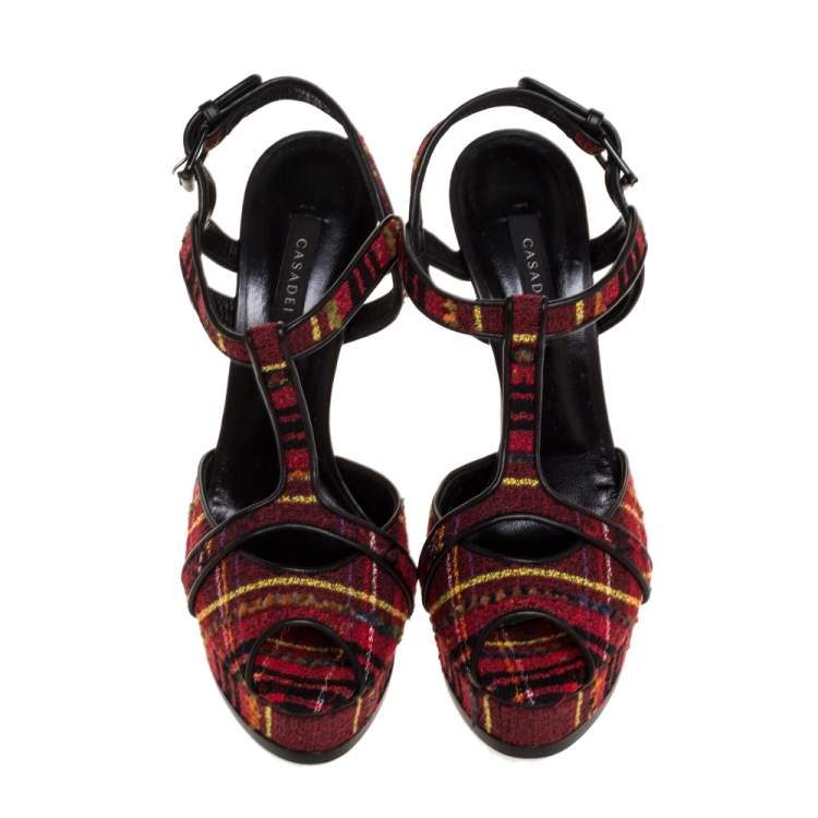 Pre Owned Casadei Multicolor Tweed Fabric T-Strap Platform Sandals Size 40