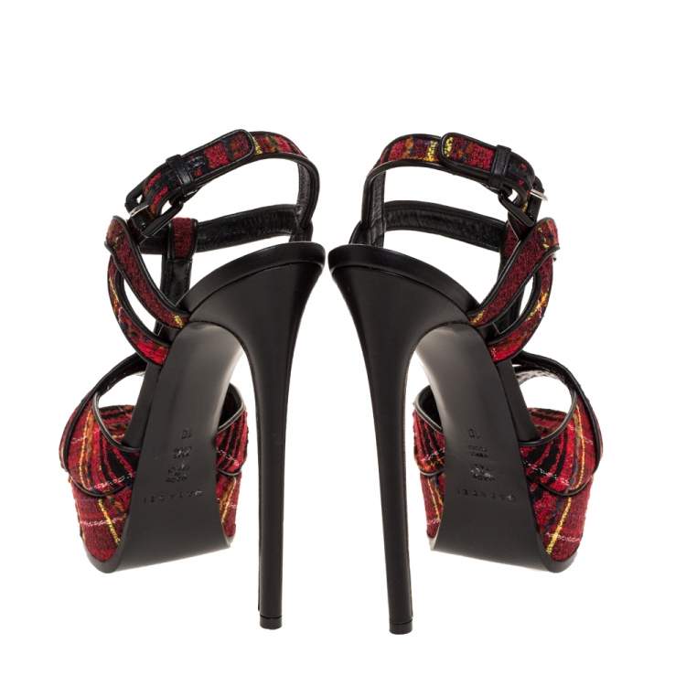 Pre Owned Casadei Multicolor Tweed Fabric T-Strap Platform Sandals Size 40