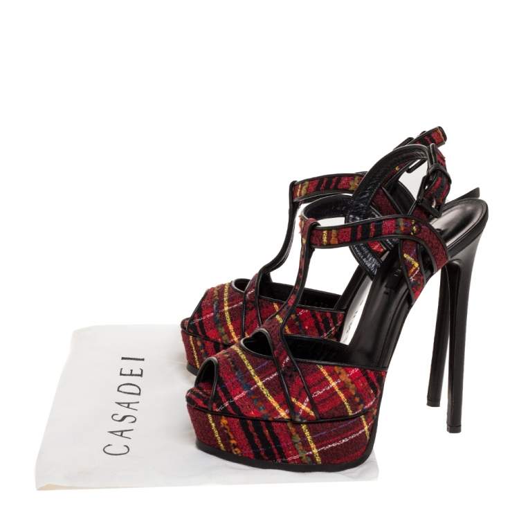 Pre Owned Casadei Multicolor Tweed Fabric T-Strap Platform Sandals Size 40
