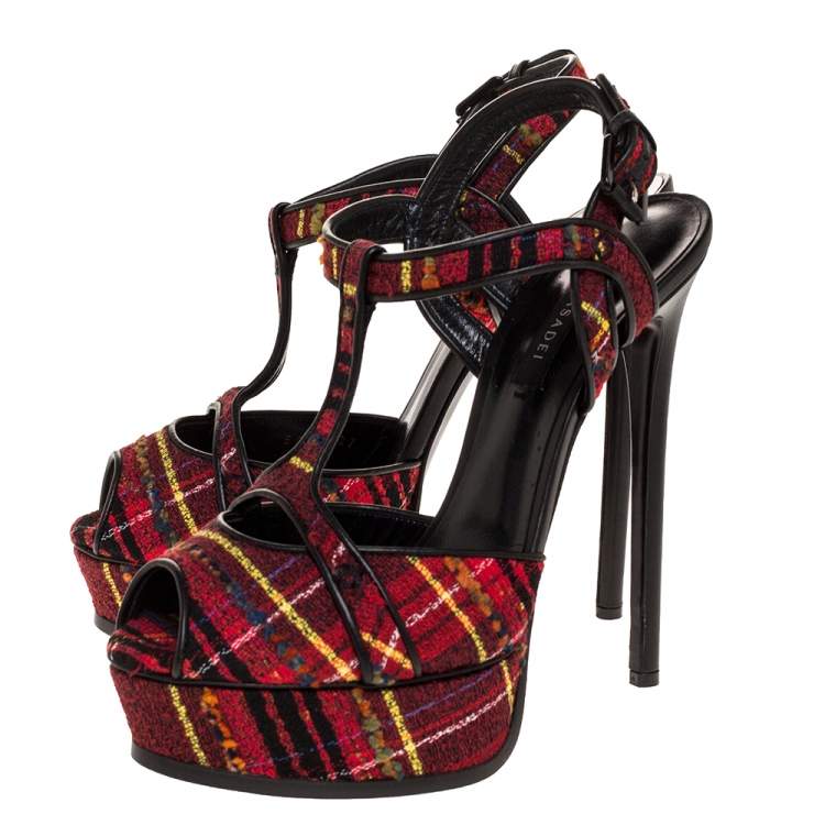 Pre Owned Casadei Multicolor Tweed Fabric T-Strap Platform Sandals Size 40