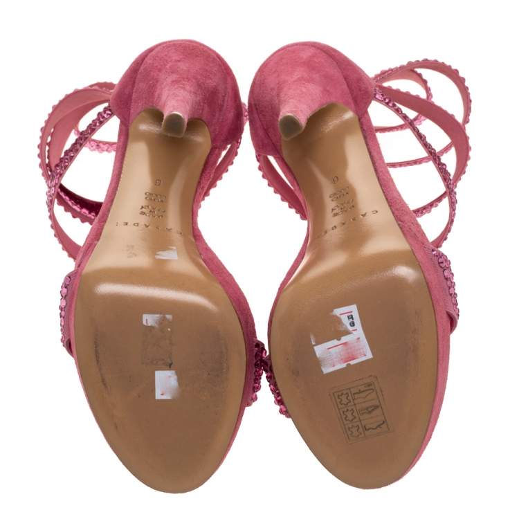 مملوكة مسبقًا Casadei Pink Suede And Crystal Fabric Platform Ankle Cuff Sandals Size 36