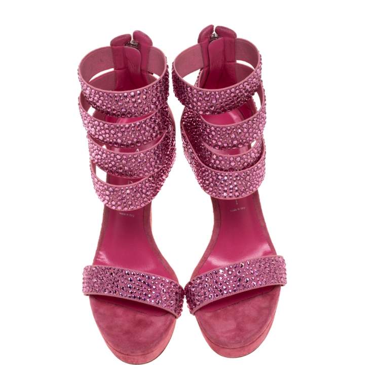 مملوكة مسبقًا Casadei Pink Suede And Crystal Fabric Platform Ankle Cuff Sandals Size 36