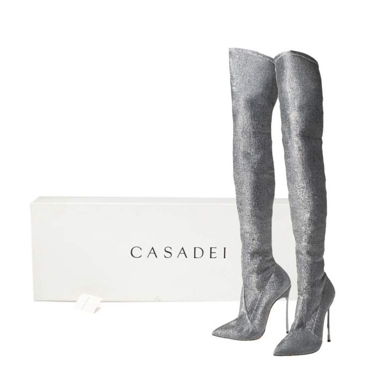 Pre Owned Casadei Silver Lurex Blade Thigh High Boots Size 39