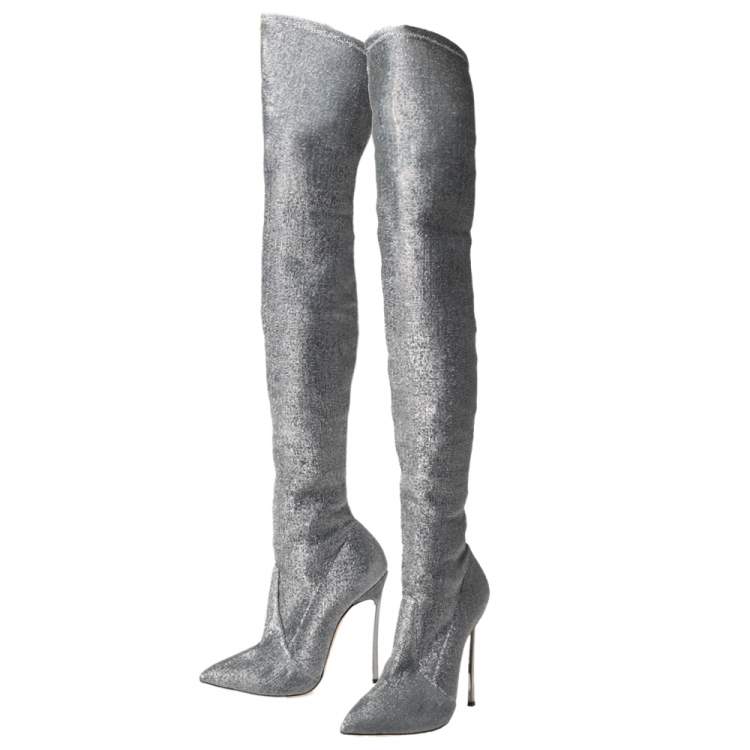 Pre Owned Casadei Silver Lurex Blade Thigh High Boots Size 39