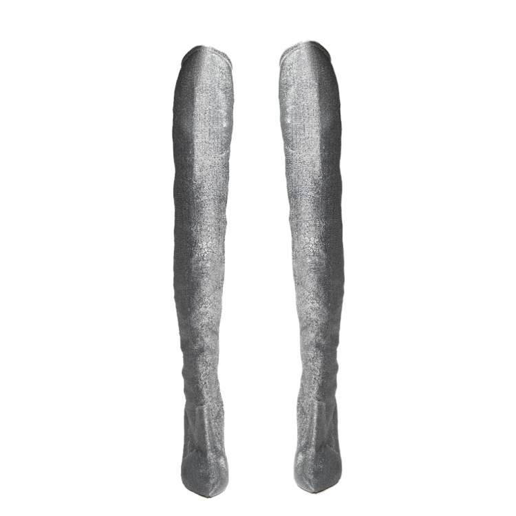 Pre Owned Casadei Silver Lurex Blade Thigh High Boots Size 39