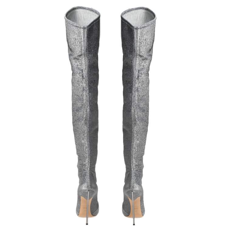 Pre Owned Casadei Silver Lurex Blade Thigh High Boots Size 39