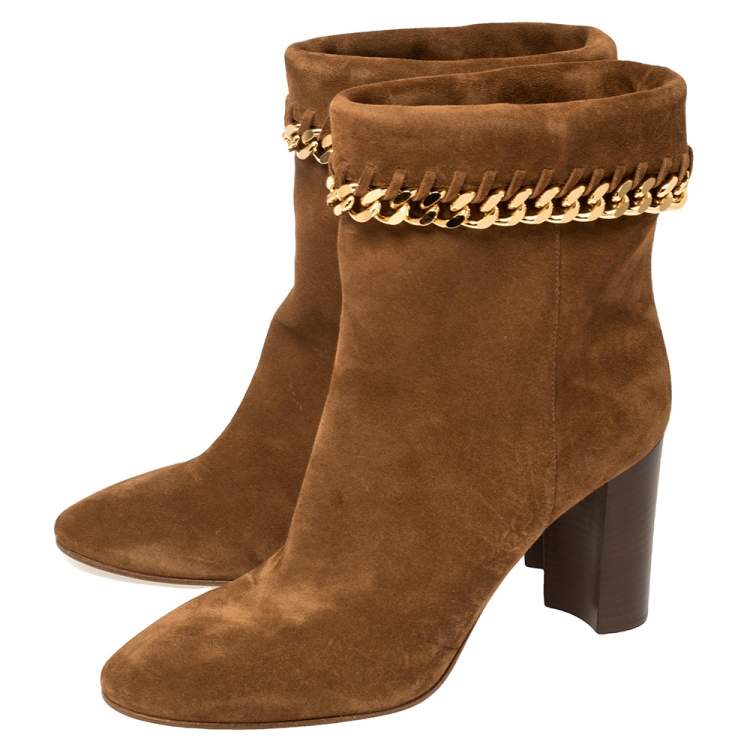 Pre Owned Casadei Brown Suede Renna Chain Trim Ankle Boots Size 40