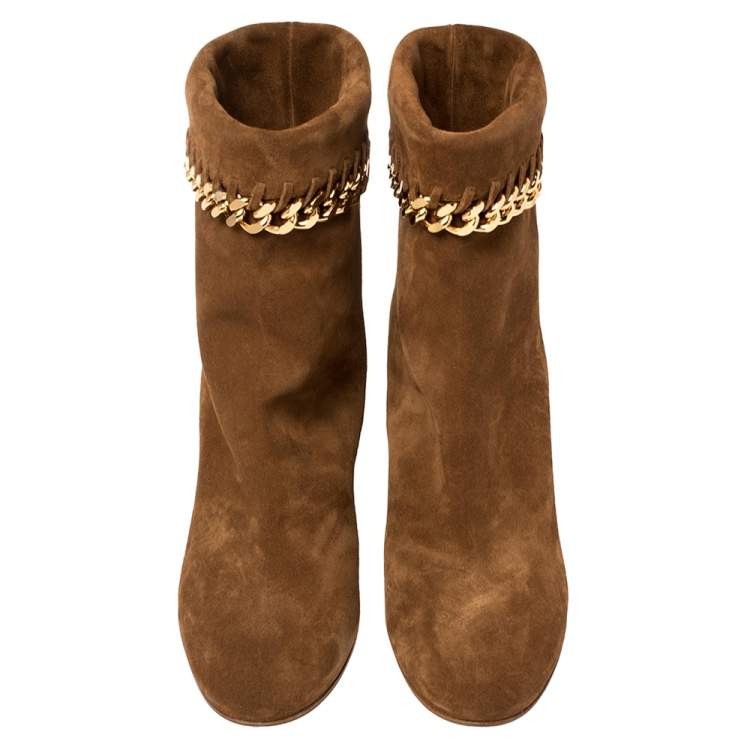 Pre Owned Casadei Brown Suede Renna Chain Trim Ankle Boots Size 40