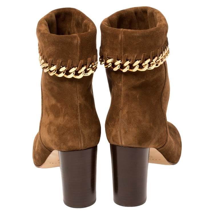 Pre Owned Casadei Brown Suede Renna Chain Trim Ankle Boots Size 40