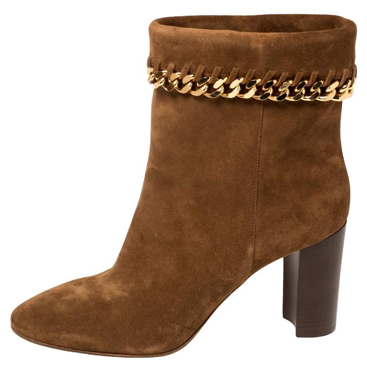 Pre Owned Casadei Brown Suede Renna Chain Trim Ankle Boots Size 40