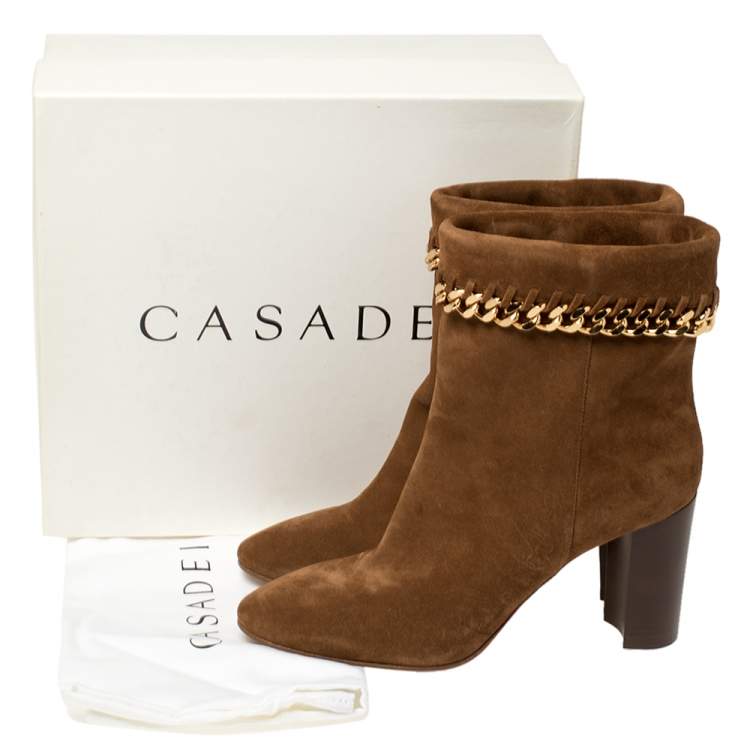 Pre Owned Casadei Brown Suede Renna Chain Trim Ankle Boots Size 40