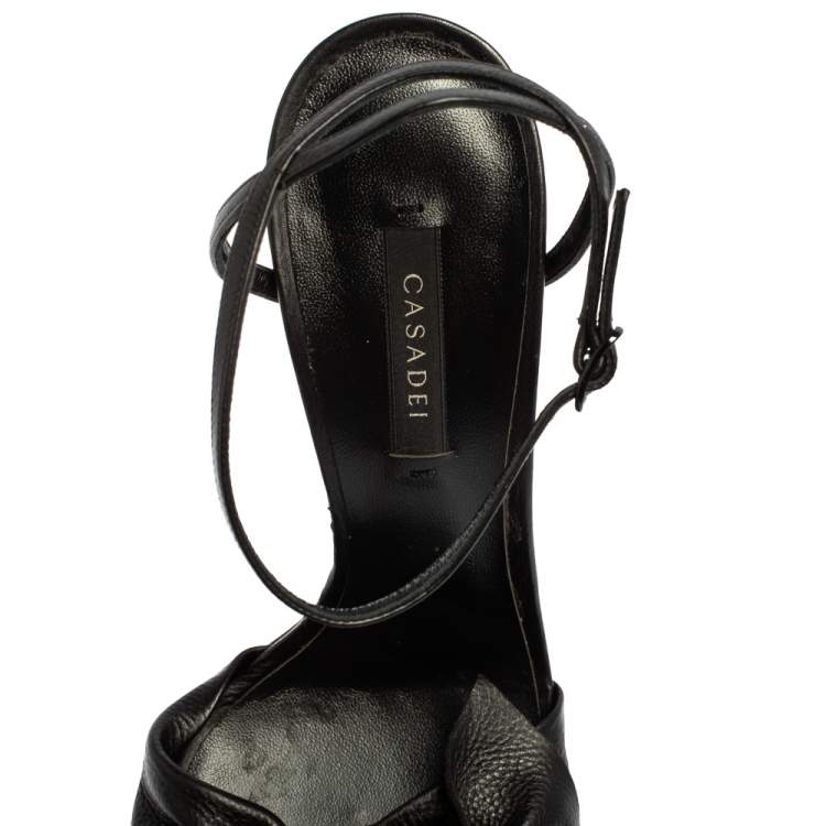 Pre Owned Casadei Black Leather Bow Ankle Strap Sandals Size 40