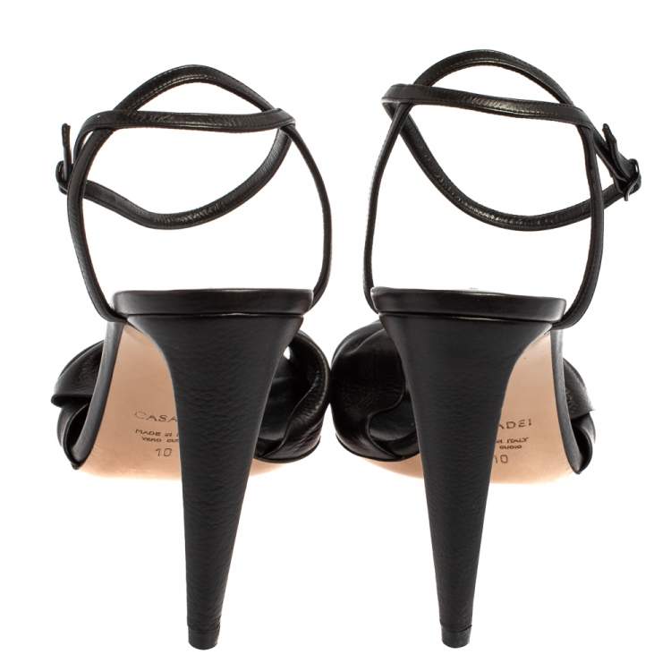 Pre Owned Casadei Black Leather Bow Ankle Strap Sandals Size 40
